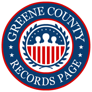 A round, red, white, and blue logo with the words 'Greene County Records Page' in relation to the state of Missouri.