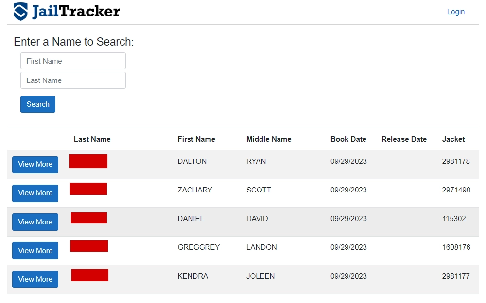 A screenshot of the inmate search page on the Greene County Sheriff's Office website that requires one to enter the offender's first and last name to search also displays the list of inmates, including their full name, book date, release date and jacket no.