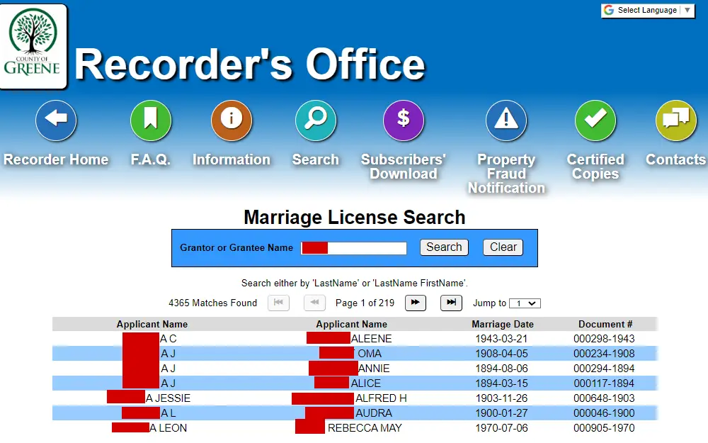 A screenshot of the Marriage License Search results from the Greene County Recorder's Office website displays information such as the applicants' name, marriage date and document number.