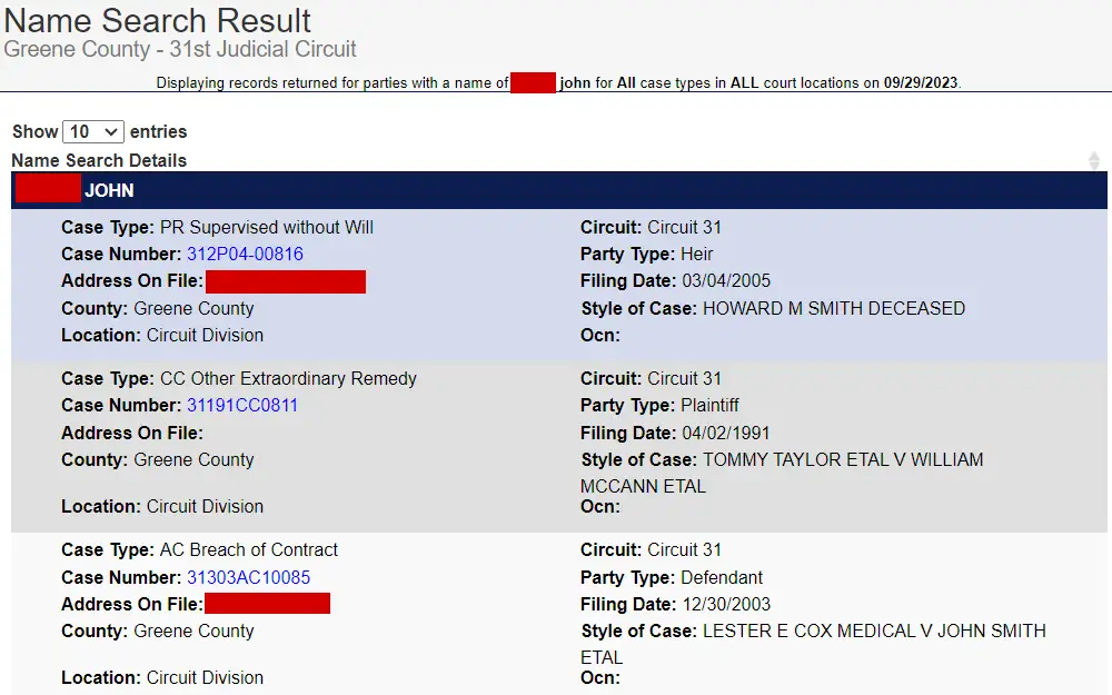 A screenshot of the search results for cases in the 31st Judicial District of Greene County, Missouri, displaying party names, case types, case numbers, addresses, counties, and circuit locations.