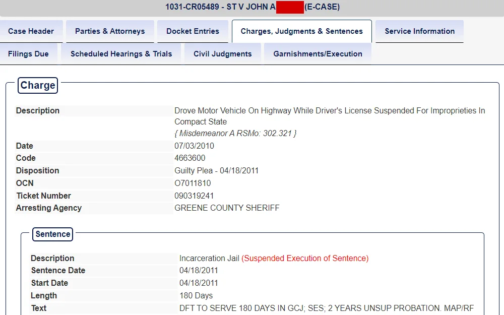 A screenshot of an offender's case details on the Missouri Courts website displays detailed information on the Charge, Judgements and Sentences Tab.