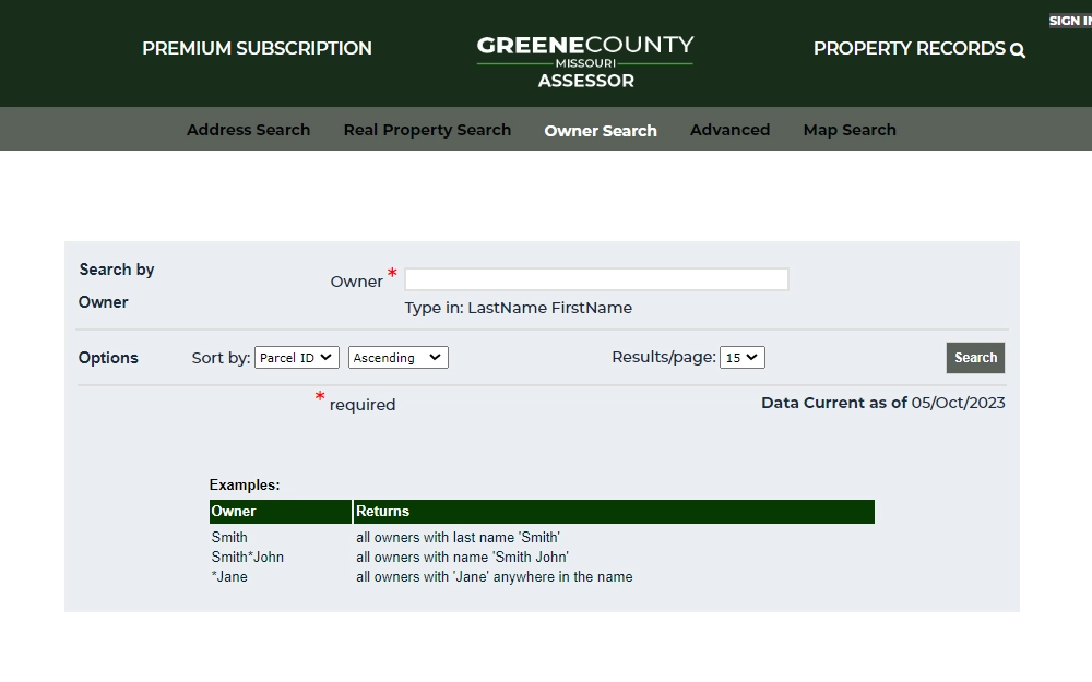 A screenshot of the Owner Search option for the property information search on the Greene County Assessors' Office website requires inputting the owner number and having an option to sort the results.