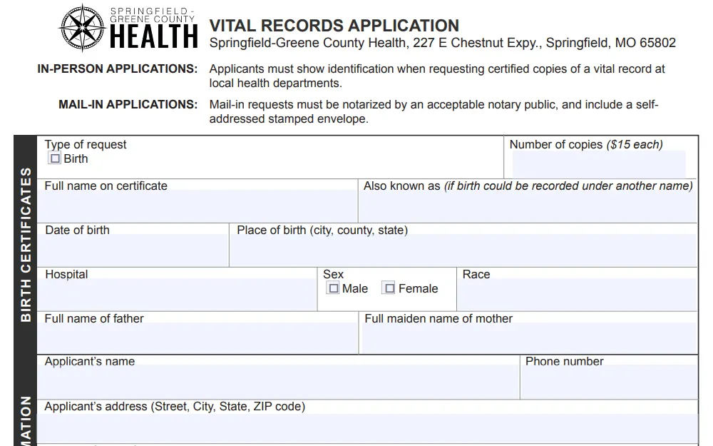 A screenshot of the Birth Certificate Application form from the Springfield-Greene County Health Department displays the required fields to complete the request.