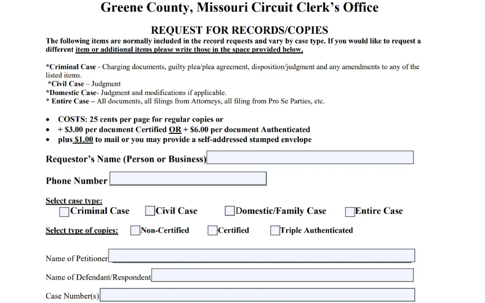 A screenshot of a document request form from a Circuit Clerk’s Office, outlining the available record types for request, associated costs, and options for case and copy types, with fields for the requester’s information and details about the case or cases for which records are being requested.
