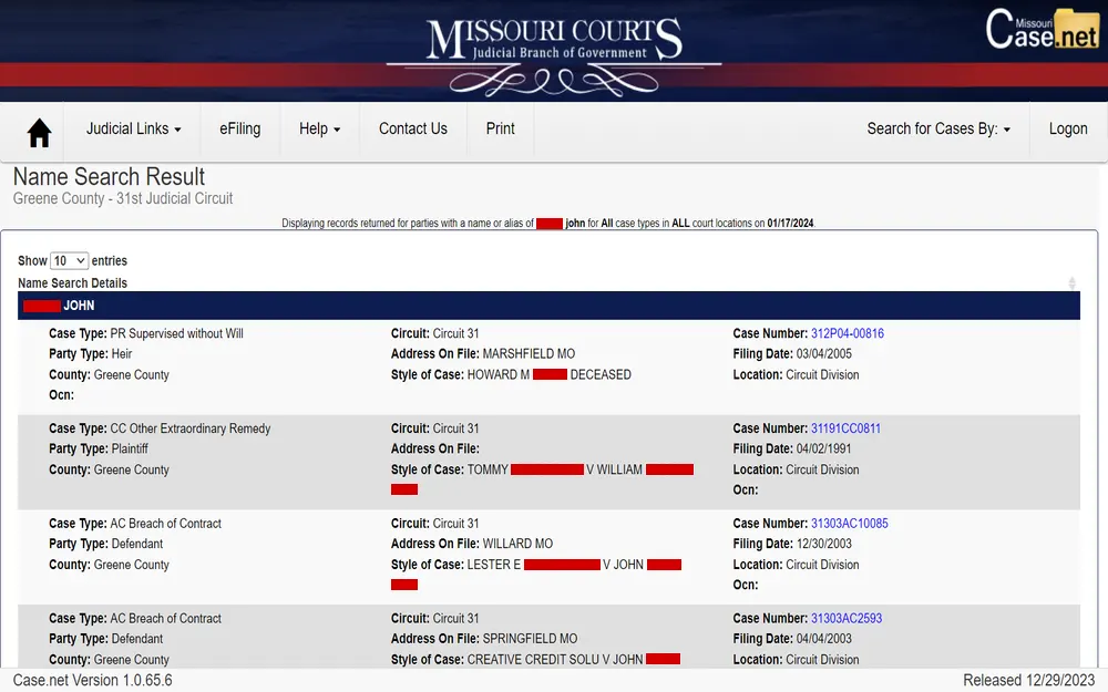 A screenshot from a Missouri judicial website displaying a name search result within Greene County's 31st Judicial Circuit, showing various cases associated with a particular name, listing case types such as probate supervision, extraordinary remedy, and breach of contract, along with their case numbers, filing dates, and case styles.