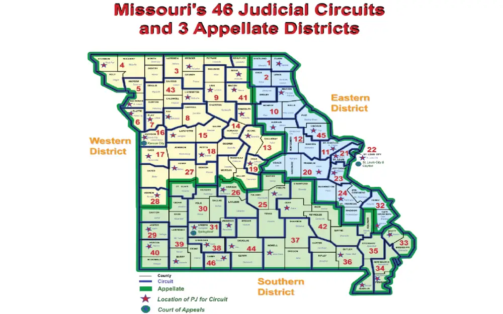 A color-coded map of Missouri, outlining the state's 46 judicial circuits and 3 appellate districts, each numbered and shaded to indicate their specific region and marked with symbols denoting the location of Presiding Judges for the circuits and the Courts of Appeals.