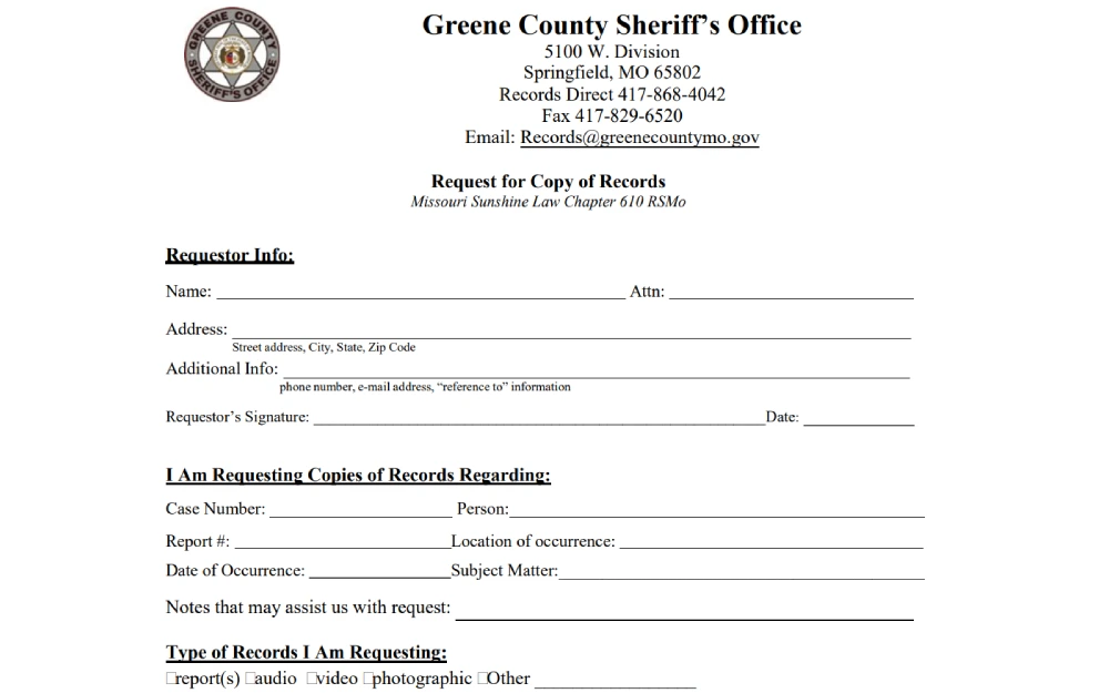 A screenshot of a records request form from a county sheriff's office, detailing the process for the public to request copies of records under the Missouri Sunshine Law, with fields for the requester's information, case details, and types of records requested.