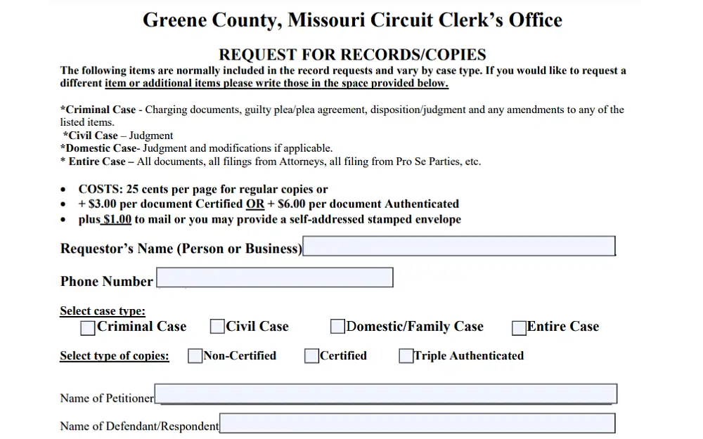 A screenshot shows a request for records or copies with information to be filled in, such as the requestor's name, phone number, box selections of case type and type of copies, from the Greene County, Missouri Circuit Clerk’s Office website.