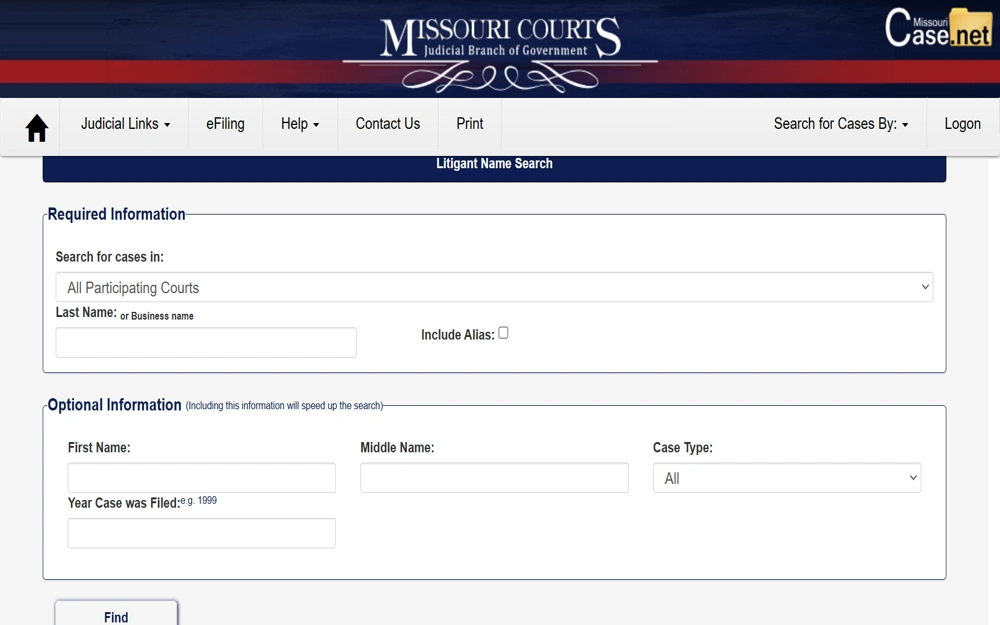 A screenshot of the Litigant Name Search page on the Missouri Courts website requires selecting the court and inputting the offender's last name or business name to search; optional information fields can be filled out for a more accurate search.