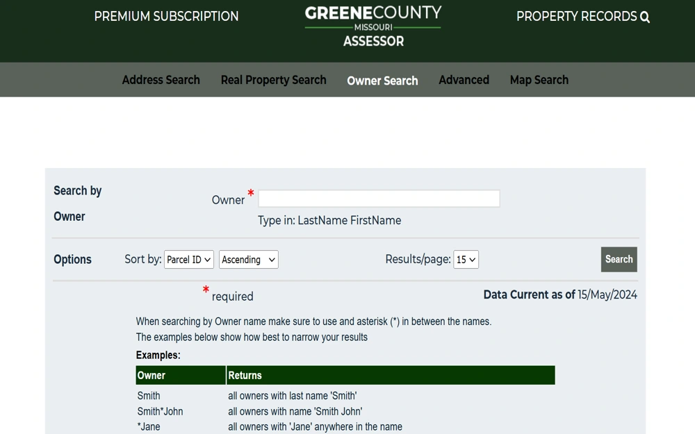 A screenshot of the Owner Search option for the property information search on the Greene County Assessors' Office website requires inputting the owner number and having an option to sort the results.